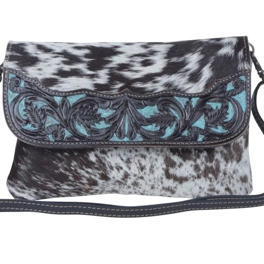 Myra Bag Blue Crescent Hand Tooled Leather Cow Hide Hair On Bag purse - Picture 9 of 9